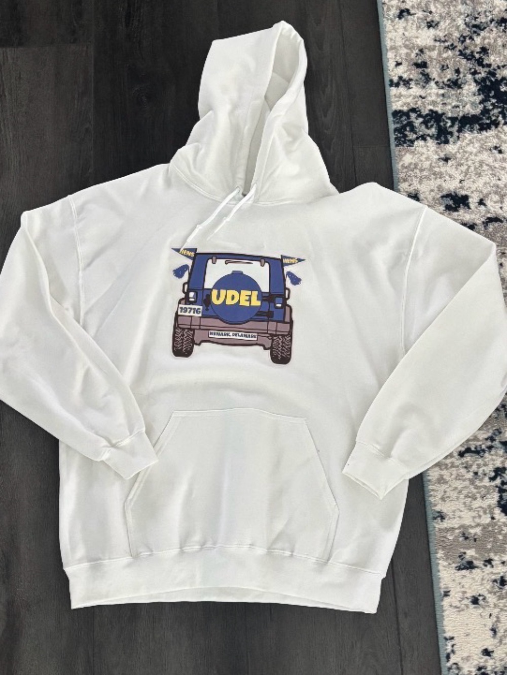 White Hoodie with Blue & Yellow Truck Graphic
